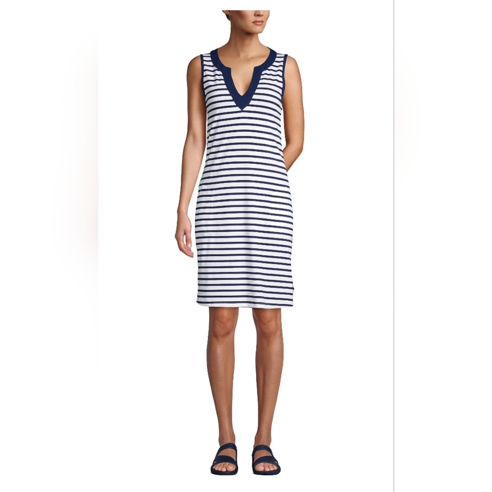 Lands' End Navy and White Striped Top